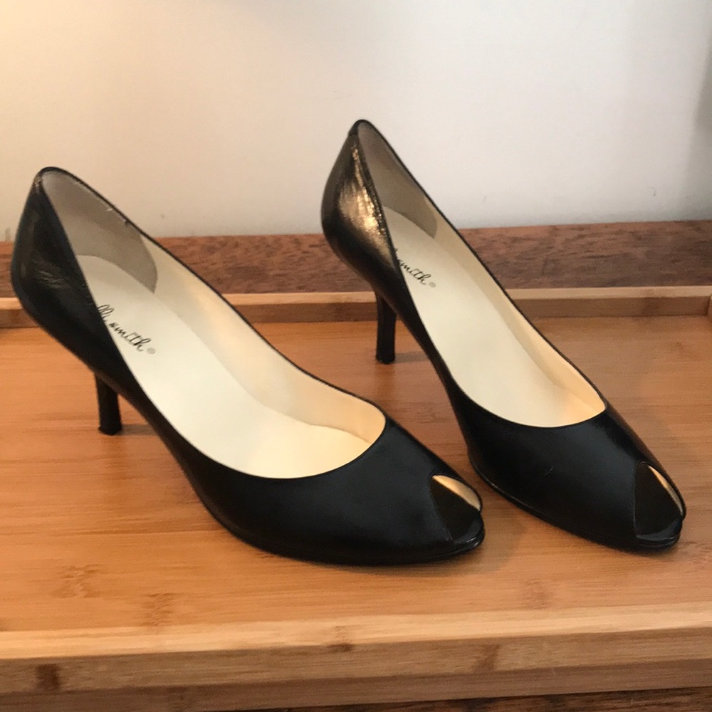 Black Leather Peep Toe Pumps